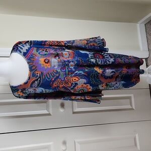 MSK Women Floral dress long bell sleeve detail XL blue orange so pretty!